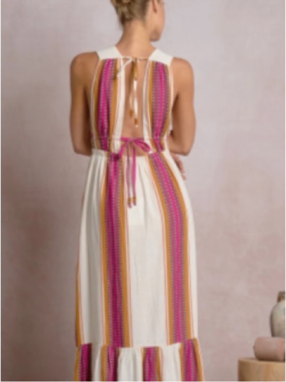 Elan Boho Deep V Striped Maxi Dress in Ivory, Pink & Mustard - Picture 3 of 4